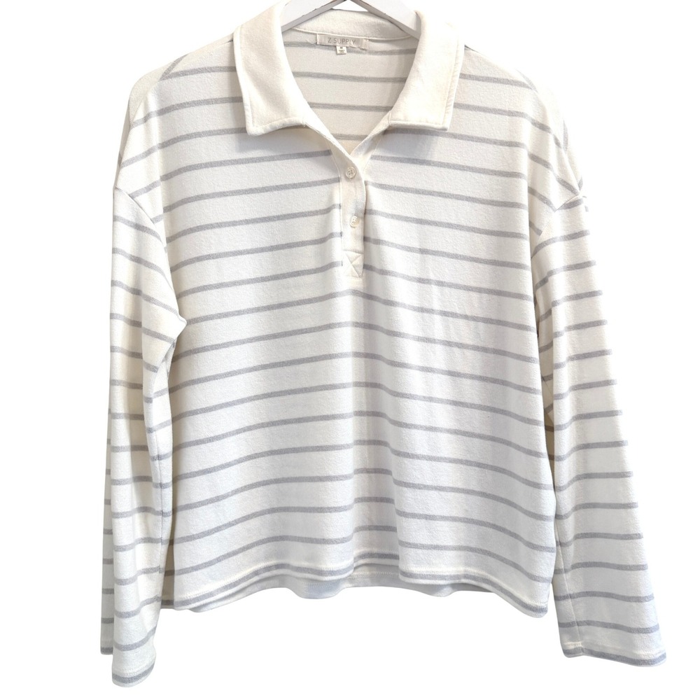 Z Supply Striped Long Sleeve Polo Shirt Womens Medium White Gray Casual Oversize